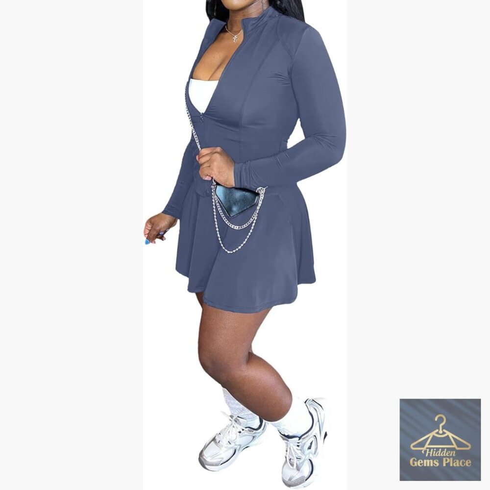Long Sleeve Zip Jacket Pleated Skirt Set with Shorts Tennis Outfit